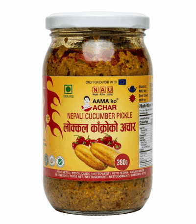 Aama Ko Achar Cucumber Pickle 380g jar – traditional Nepali Kakra Ko Achar with tangy and spicy flavor