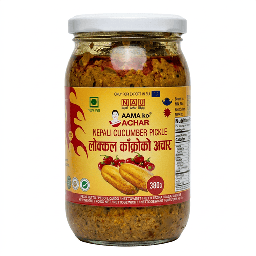 Aama Ko Achar Cucumber Pickle 380g jar – traditional Nepali Kakra Ko Achar with tangy and spicy flavor