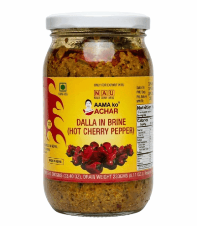 Aama Ko Achar Dalle chilli in brine 380g jar – traditional Nepali round chilli preserved in brine with spicy flavor