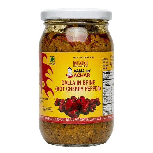 Aama Ko Achar Dalle chilli in brine 380g jar – traditional Nepali round chilli preserved in brine with spicy flavor