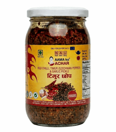 Aama Ko Achar Timmur Chhop Pickle 200g jar – traditional Nepali timmur (Sichuan pepper) achar with bold spicy flavor