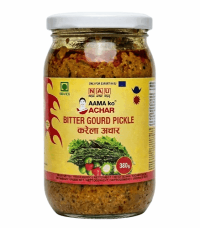Aama Ko Achar Bitter Gourd Pickle 380g jar – authentic Nepali karela achar with spicy and tangy flavor
